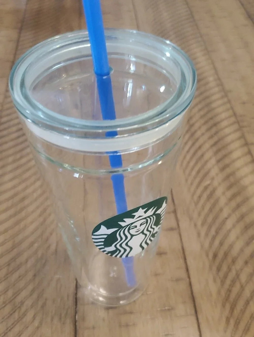 Starbucks Clear Tumbler with Green Logo and Blue Straw